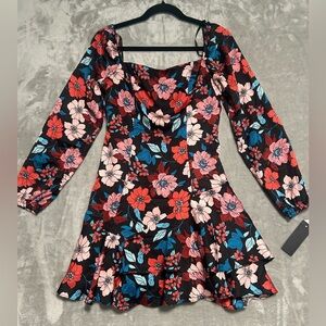 City Studio Mini Ruffle Long Sleeve Dress Juniors 9 Floral Blue Red Black